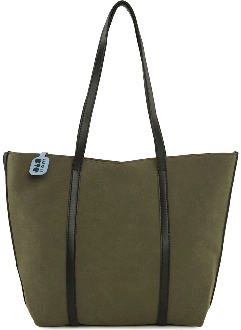 باجموري Large Nubuck Bag with Leather Strap - Khaki