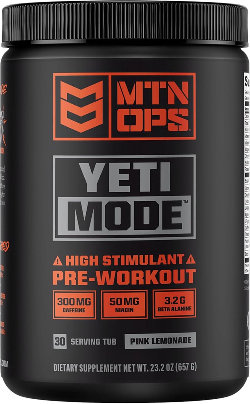 MTN OPS Yeti Mode PreWorkout Powder  Explosive HighStimulant with 300mg Caffeine Creatine Monohydrate BetaAlanine and 45mg Niacin  Pink Lemonade Flavor in 30 Serving Tub - Image 1