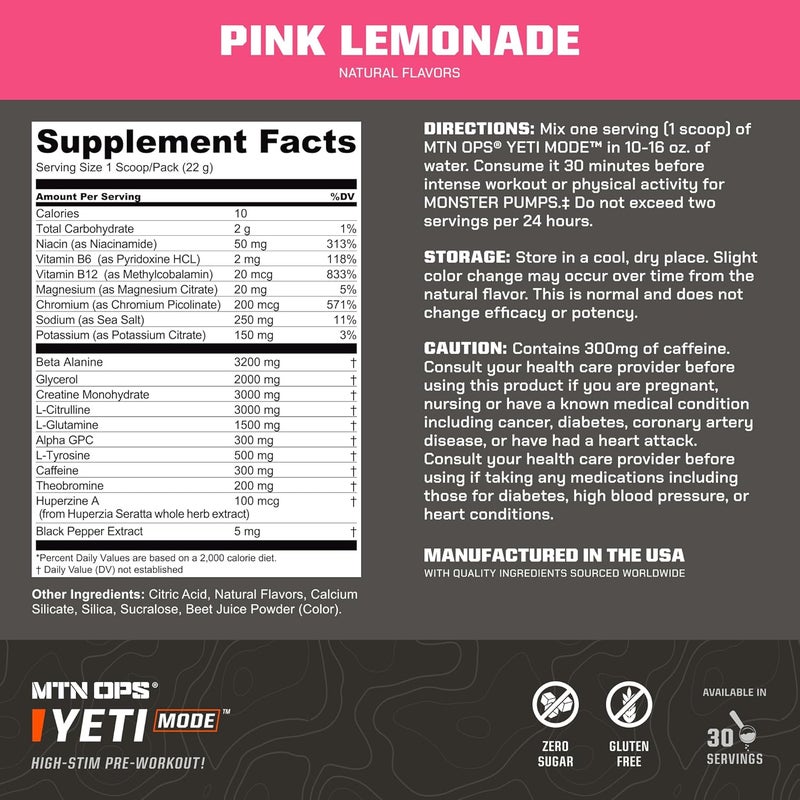 MTN OPS Yeti Mode PreWorkout Powder  Explosive HighStimulant with 300mg Caffeine Creatine Monohydrate BetaAlanine and 45mg Niacin  Pink Lemonade Flavor in 30 Serving Tub - Image 3