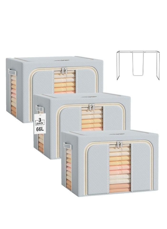 XiuWoo - 3 Pack 66L Clothes Storage Bins Metal Frame Clothes Storage Organizer Bedding Storage Bags with Zipper and Clear Windows, Oxford Closet Organizers and Storage Boxes - Image 1