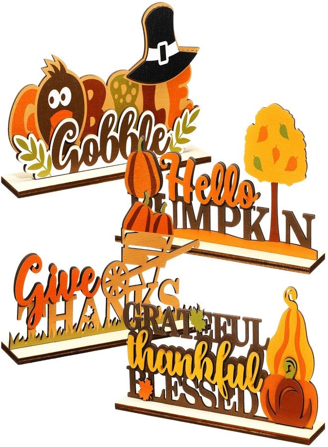 GlikCeil 4 Pieces Thanksgiving Centerpieces for Table Decoration Gobble Hello Pumpkin Give Thanks Fall Wood Sign Autumn Tiered Tray Decor for Thanksgiving Party Kitchen Home Office Shelf - Image 1
