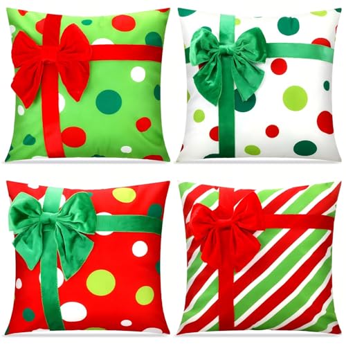 Breling 4 Set Christmas Pillow Covers 3D Bows Gift Box Pillow Cases 18 x 18 Inch Red Green Stripe Dot Xmas Winter Cushion Cases for Christmas Home Chair Bed Sofa Cushion Decor - Image 1