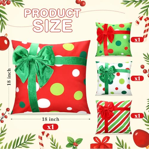 Breling 4 Set Christmas Pillow Covers 3D Bows Gift Box Pillow Cases 18 x 18 Inch Red Green Stripe Dot Xmas Winter Cushion Cases for Christmas Home Chair Bed Sofa Cushion Decor - Image 3