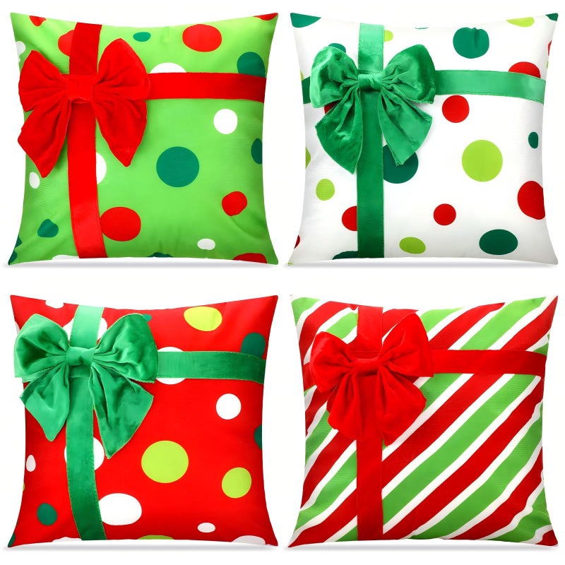 Breling 4 Set Christmas Pillow Covers 3D Bows Gift Box Pillow Cases 18 x 18 Inch Red Green Stripe Dot Xmas Winter Cushion Cases for Christmas Home Chair Bed Sofa Cushion Decor - Image 2