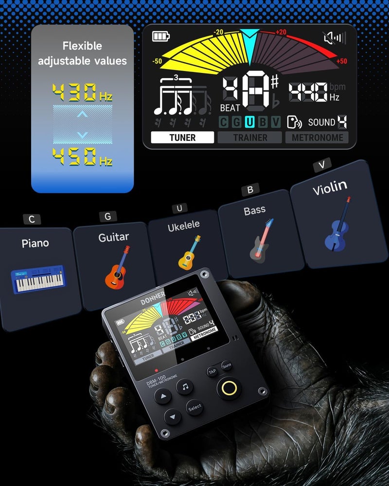 Donner DBM-100 Rechargeable Metronome Tuner - 3 in 1 Digital Tuner for Guitar, Bass, Ukulele, Violin, Trumpet, Flute - Image 3