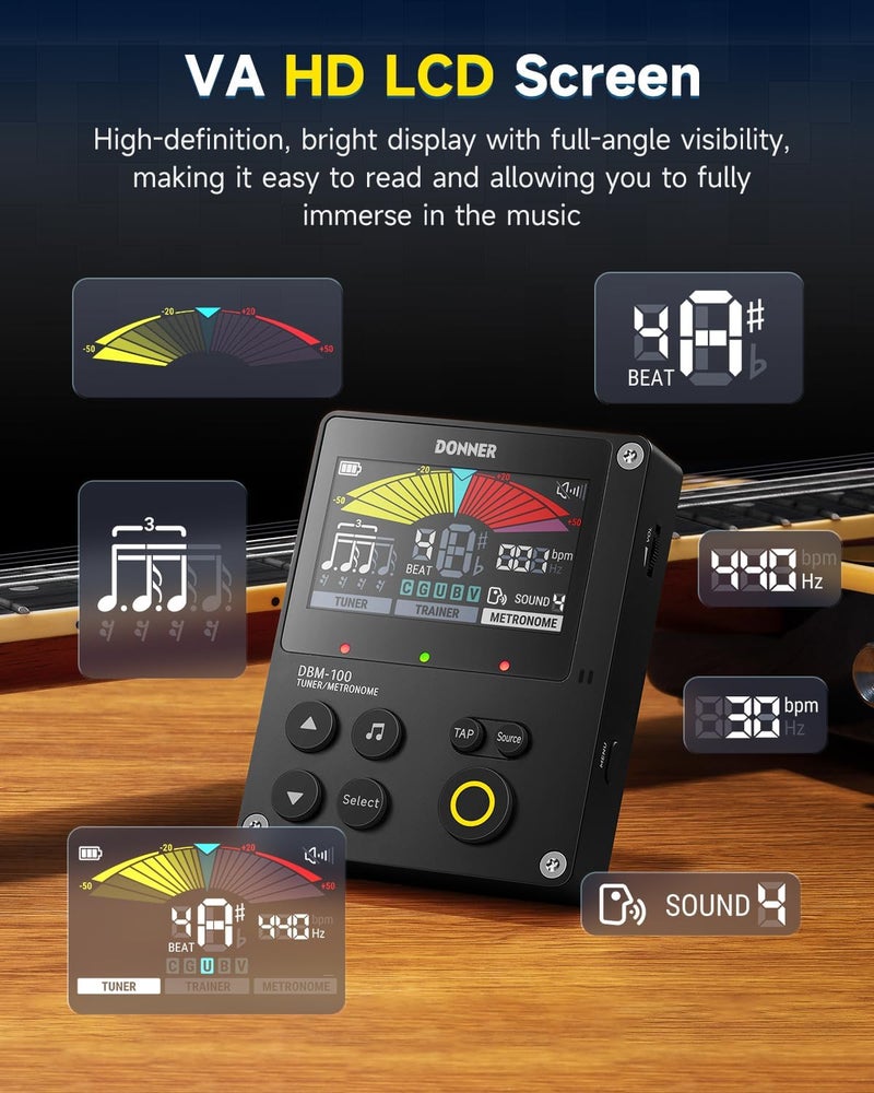 Donner DBM-100 Rechargeable Metronome Tuner - 3 in 1 Digital Tuner for Guitar, Bass, Ukulele, Violin, Trumpet, Flute - Image 5