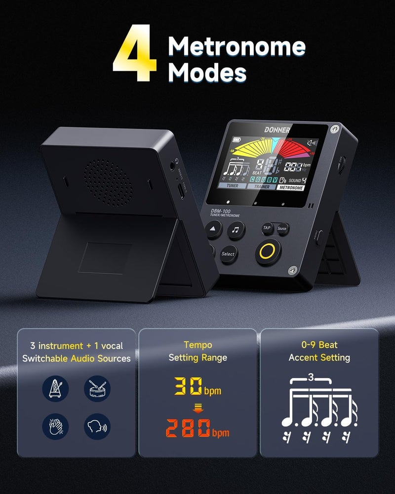 Donner DBM-100 Rechargeable Metronome Tuner - 3 in 1 Digital Tuner for Guitar, Bass, Ukulele, Violin, Trumpet, Flute - Image 4
