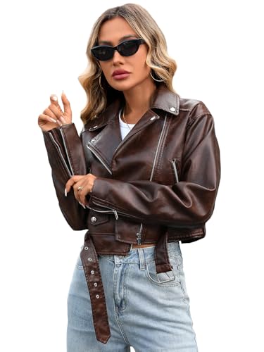 LY VAREY LIN Women Faux Leather Cropped Jacket Lapel Zipper Biker Short Coat with Belt - Image 1