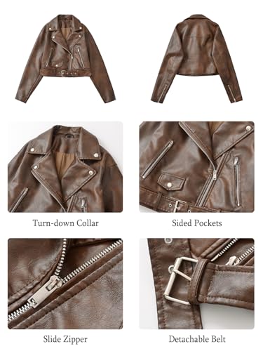 LY VAREY LIN Women Faux Leather Cropped Jacket Lapel Zipper Biker Short Coat with Belt - Image 4