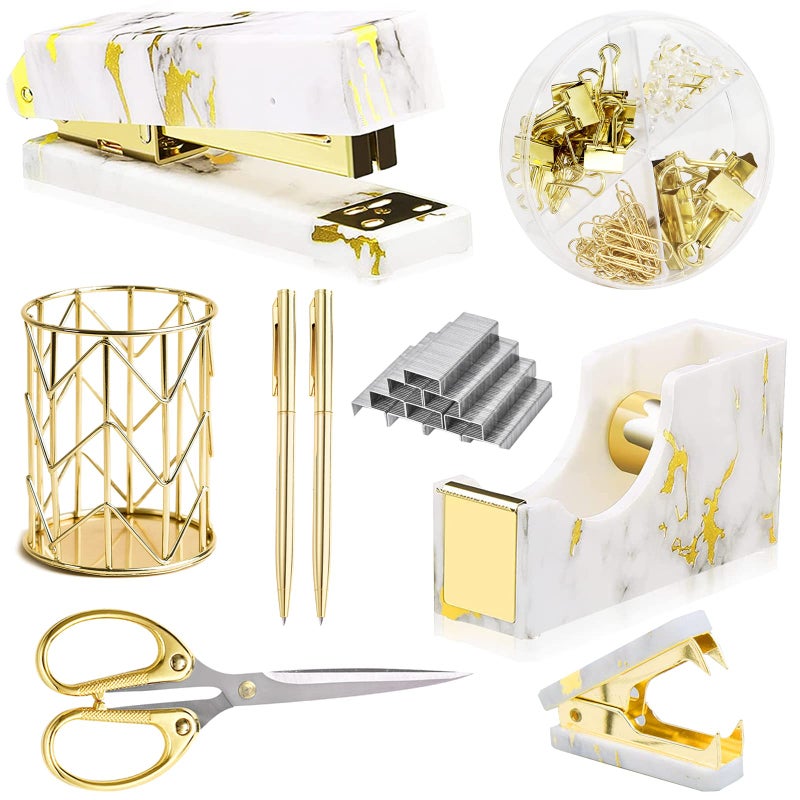 Famassi Gold Marble Desk Accessories, Office Supplies Set Stapler Set Staple Remover, Tape Holder, Pen Holder, 2 Ballpoint Pen, Scissor, Binder Clips, Paper Clips and 1000pcs Staples. - Image 1