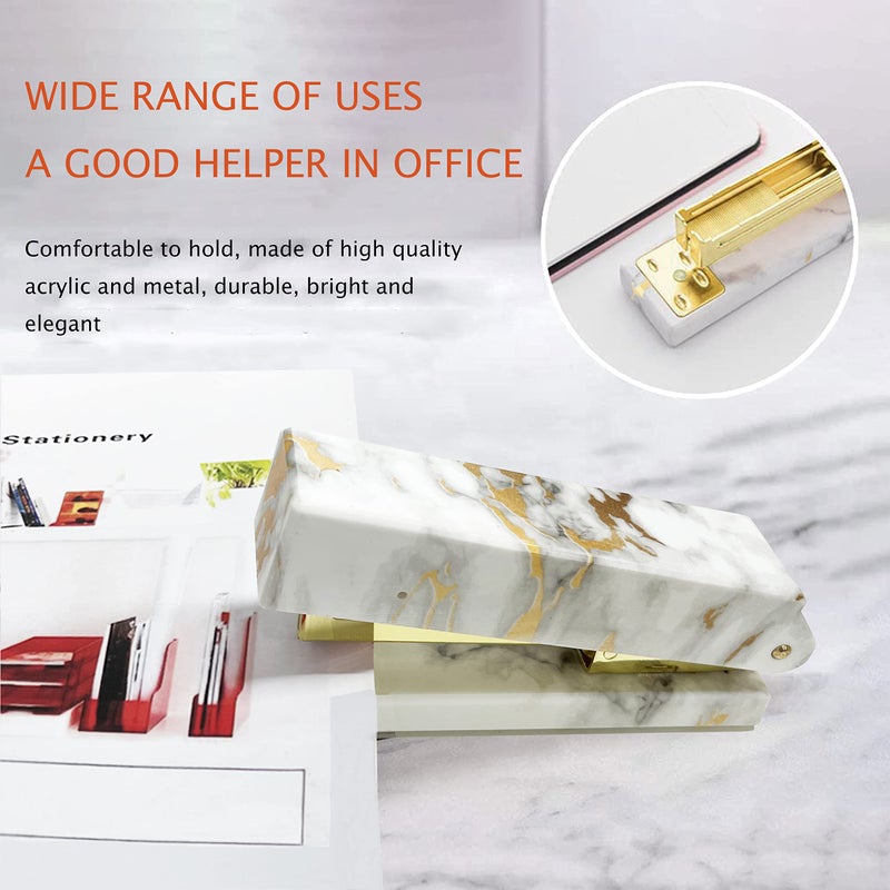 Famassi Gold Marble Desk Accessories, Office Supplies Set Stapler Set Staple Remover, Tape Holder, Pen Holder, 2 Ballpoint Pen, Scissor, Binder Clips, Paper Clips and 1000pcs Staples. - Image 3