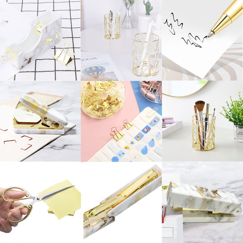 Famassi Gold Marble Desk Accessories, Office Supplies Set Stapler Set Staple Remover, Tape Holder, Pen Holder, 2 Ballpoint Pen, Scissor, Binder Clips, Paper Clips and 1000pcs Staples. - Image 5