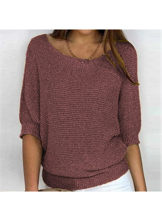 Women's Fashion Solid Color Round Neck Knitted Sweater Women's Elegant Elegant Seven-point Sleeve Air-conditioning Shirt Top Women