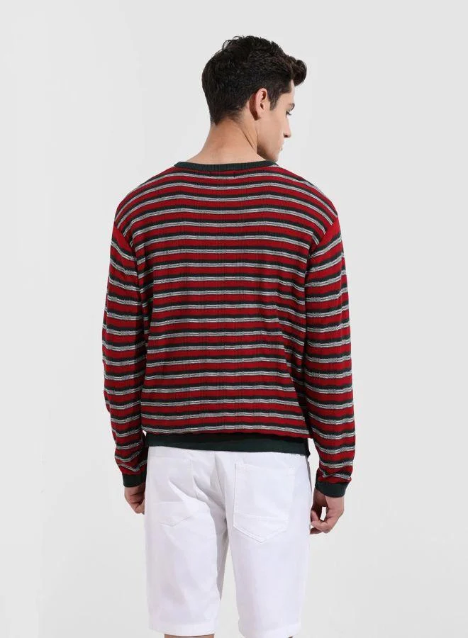 The Indian Garage Co Men Oversized Fit Striped Crew Neck Full Sleeves T-Shirt
