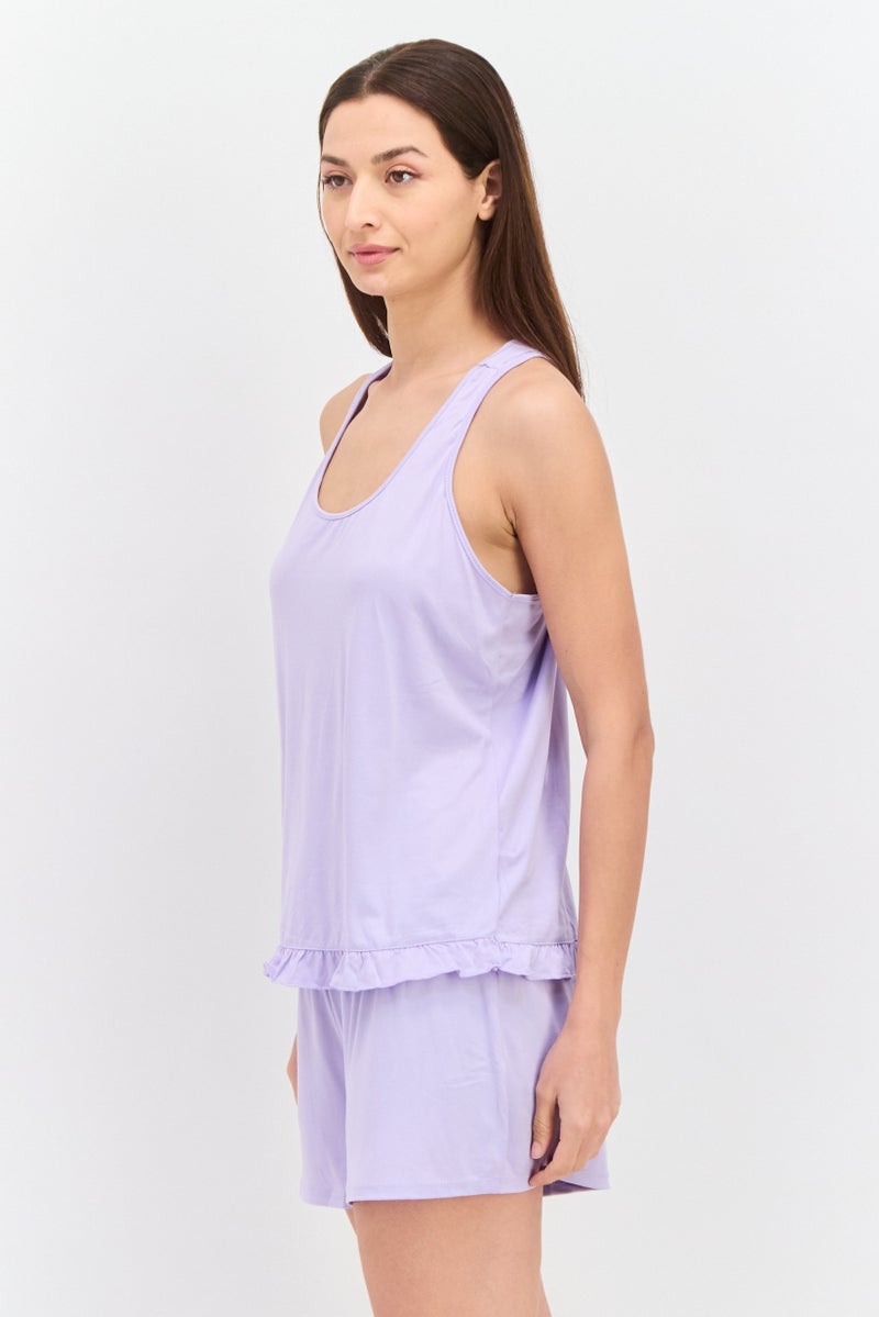 PJ Couture Women 4 Piece  Allover Printed And Plain Sleepwear Set, Lavender - Image 2