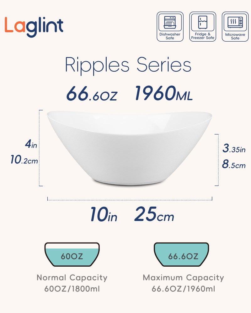 LaGlint 66 OZ Salad Bowl Set of 2, Opal Glass 10 inch Lightweight Serving Dishes for Salad, Fruit, Kitchen Microwave & Dishwasher Safe, Oval Shape White - Image 3