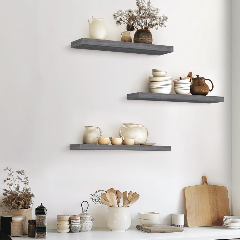 BAYKA Grey Floating Shelves for Wall, 22.5 inches Wall Mounted Rustic Wood Shelves for Bathroom, Bedroom, Living Room, Floating Shelves for Books/Storage/Decor (Set of 3) - Image 2