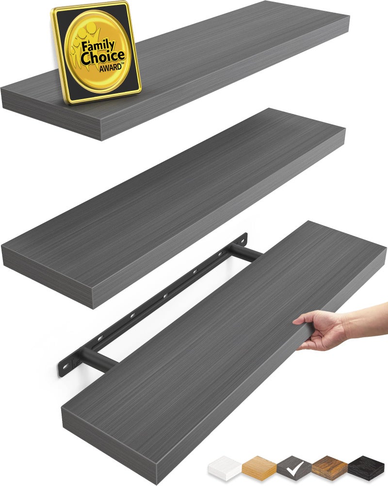 BAYKA Grey Floating Shelves for Wall, 22.5 inches Wall Mounted Rustic Wood Shelves for Bathroom, Bedroom, Living Room, Floating Shelves for Books/Storage/Decor (Set of 3) - Image 1