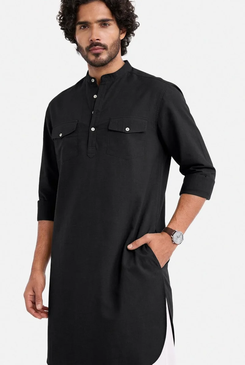 سنيتش Black Solid Long Sleeve Regular Fit Shirt