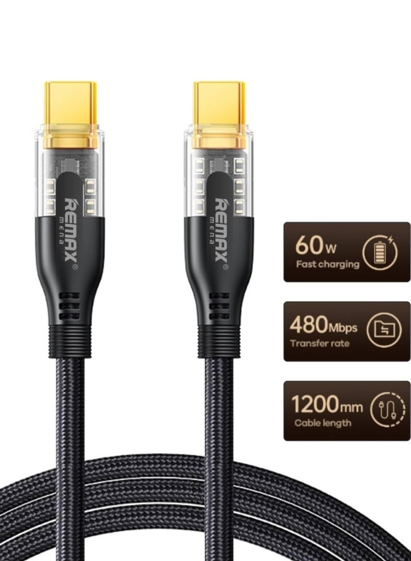 Remax Mena 60 W Fast Charging Cable, Type C Charging Cable for Samsung Galaxy S22 Braided Fast Data Cable, Coper wire core,120 CM Cable length, 480MB Transmission Rate (Black) - Image 2