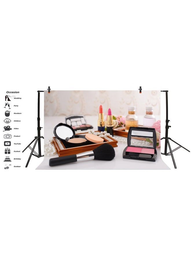 Leyiyi 5x3ft Photography Backdrop Dresser Table Backdrop Make-up Vlogger Products Henna Party Lipstick Eyeshadow Brush Blusher Pearl Necklace Bridal Shower Blogger Photo Portrait Vinyl Studio Prop - Image 2