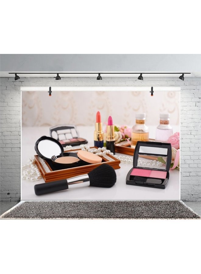 Leyiyi 5x3ft Photography Backdrop Dresser Table Backdrop Make-up Vlogger Products Henna Party Lipstick Eyeshadow Brush Blusher Pearl Necklace Bridal Shower Blogger Photo Portrait Vinyl Studio Prop - Image 1
