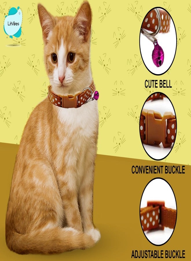 Litvibes Cat & Puppy Collar with Bell,Kitten & Small Dogs Soft Adjustable,Safe,Solid & Protective Breakaway for Cats & Puppies,Cute Kitty Neckband with Dots Print-(Brown) - Image 2