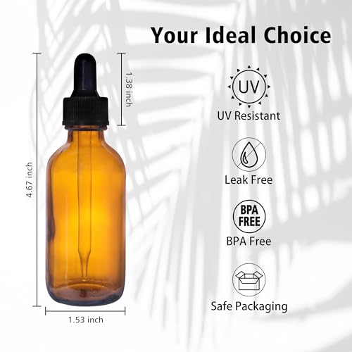 Comrzor 48 Pack 2oz Amber Glass Bottles with Glass Eye Droppers for Essential Oils, Perfumes & Lab Chemicals (Brush, Funnels, 2 Extra Droppers, 54 Pieces Labels & 30ml Measuring Cup Included) - Image 3
