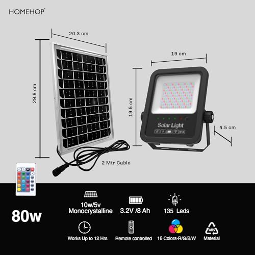 Homehop Aluminium Solar Light Outdoor Home 80 Watt 135 LED RGB Flood Lamp Waterproof for Home, Garden, Balcony, Patio, Pathway Automatic with Remote Control (8000mah Battery) - Image 2