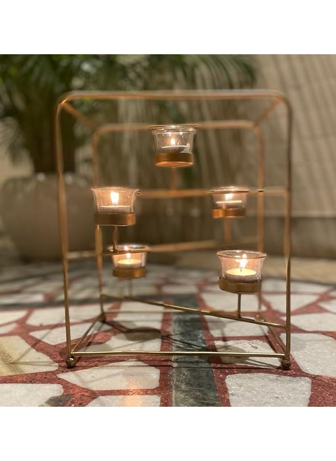 UPSTYLE UpStyle Big Size Gold Colour Tealight Candle Holder for 5 Tealight Candles Home and Garden Decor Diwali Decoration Festival Tealight Holder with 5 Glasses for Tealight  - Image 2