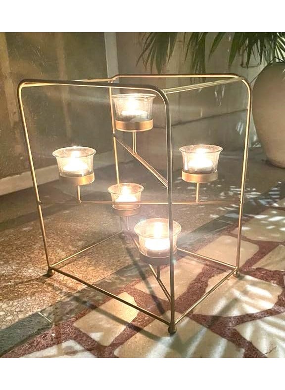 UPSTYLE UpStyle Big Size Gold Colour Tealight Candle Holder for 5 Tealight Candles Home and Garden Decor Diwali Decoration Festival Tealight Holder with 5 Glasses for Tealight  - Image 3