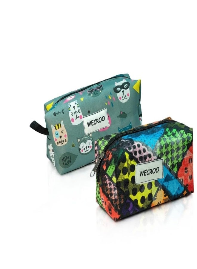 WECROO Multipurpose Zipper Pouch for Kids & Adults | Printed Cosmetic & Stationery Organizer Bag | Waterproof Fabric Makeup Pouch | Travel Utility Storage Pouch (Teal & Multicolor) - Image 1