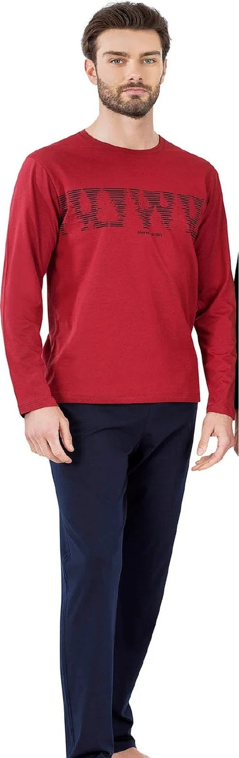 pierre cardin 6068 Men's Long Sleeve Crew Neck Pajama Set-Burgundy