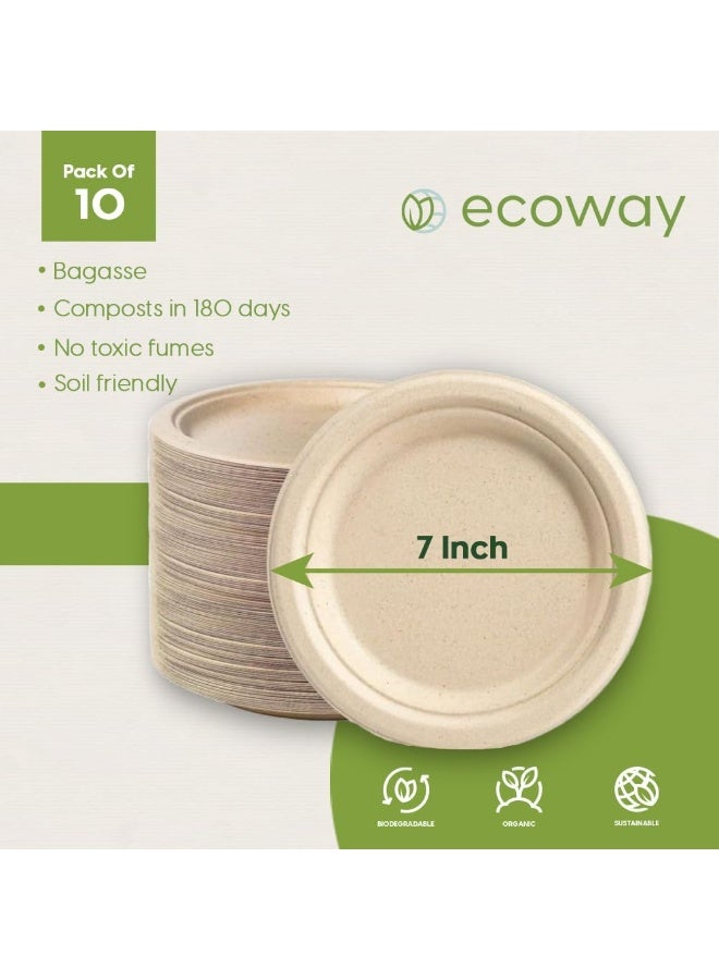 ايكواي Ecoway [7 Inch Round Plate Pack Of 10] Natural Color - Disposable Plates Made With Bagasse Sugar Canes Microwave & Freeze Safe, Compostable & Biodegradable Dinner Plates, Strong Everyday - Image 3