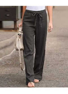Loquat Elastic Waist Solid Color Cotton Linen Wide Leg Pants 