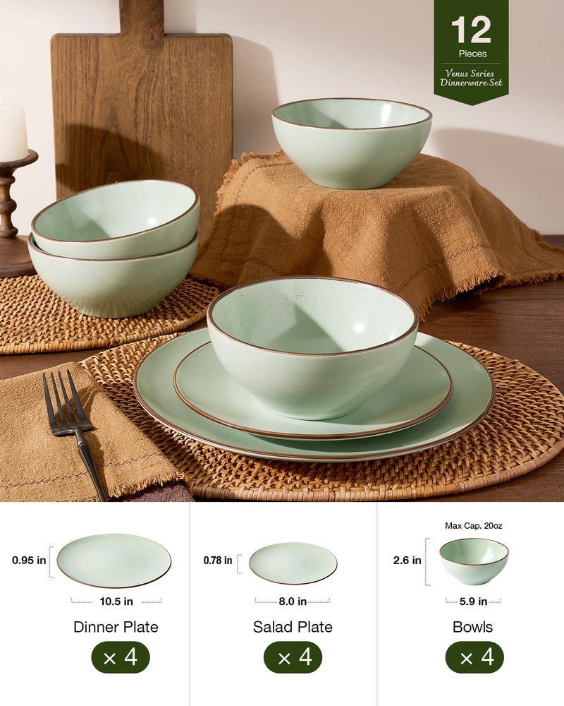 Famiware Venus Plates and Bowls Sets, 12 Pieces Stoneware Speckled Dinnerware Dishes Set for 4, Light Green - Microwave & Dishwasher Safe, Modern Minimalist, for Everyday Meals & Formal Dining - Image 4