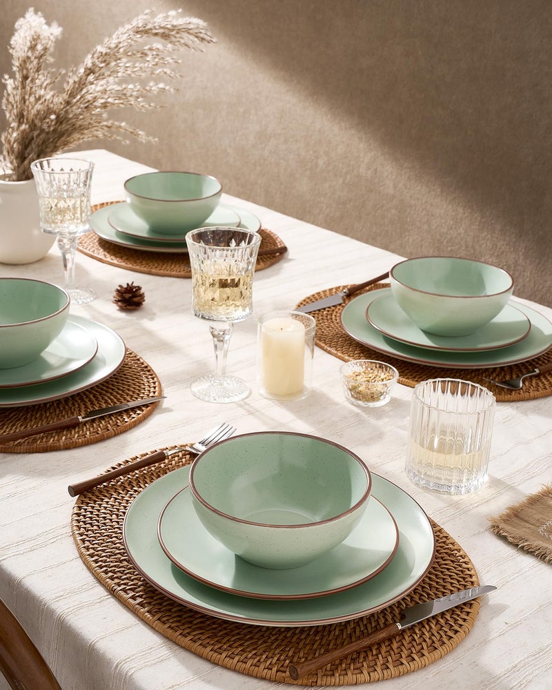 Famiware Venus Plates and Bowls Sets, 12 Pieces Stoneware Speckled Dinnerware Dishes Set for 4, Light Green - Microwave & Dishwasher Safe, Modern Minimalist, for Everyday Meals & Formal Dining - Image 2