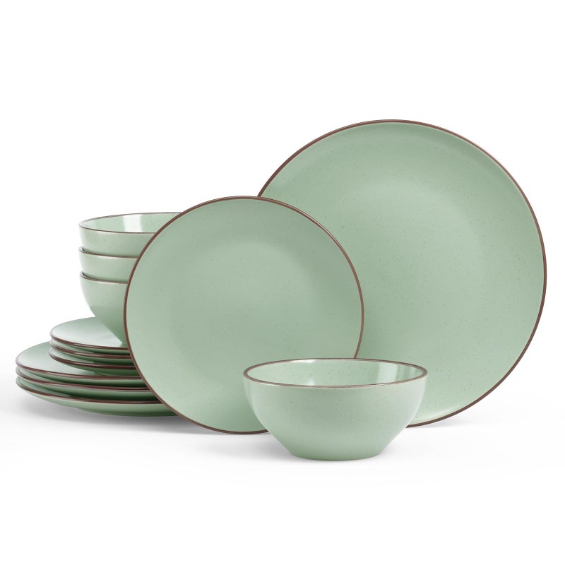 Famiware Venus Plates and Bowls Sets, 12 Pieces Stoneware Speckled Dinnerware Dishes Set for 4, Light Green - Microwave & Dishwasher Safe, Modern Minimalist, for Everyday Meals & Formal Dining - Image 1