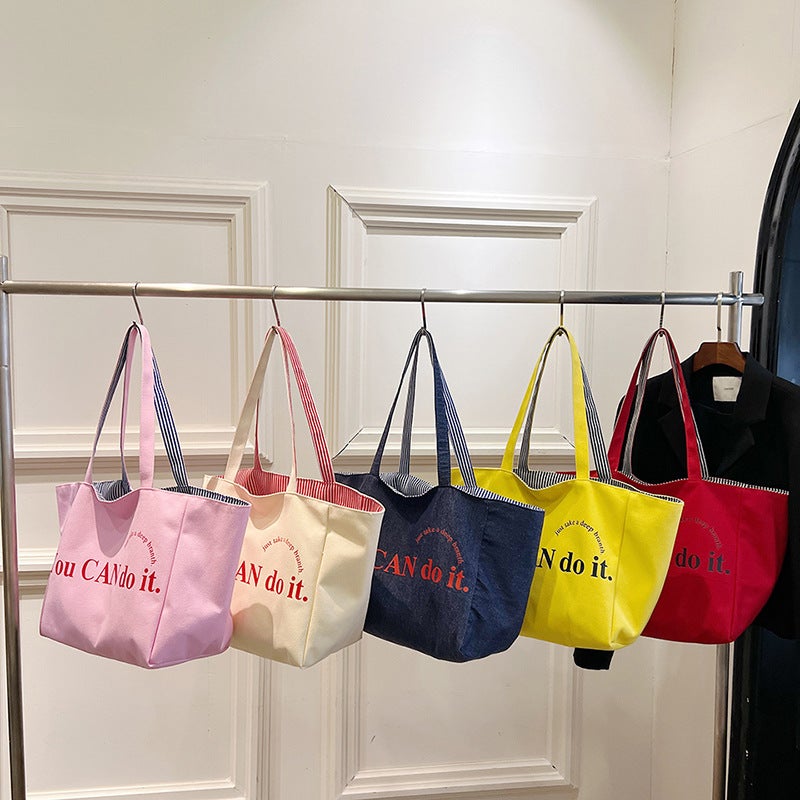 Canvas Striped Tote Bag, Casual, Large Capacity - Image 1