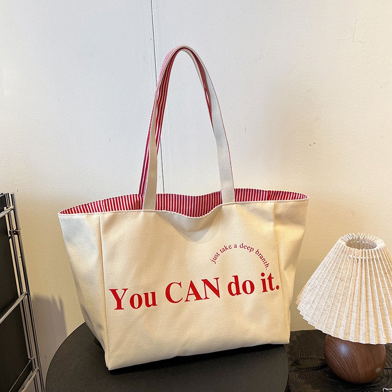 Canvas Striped Tote Bag, Casual, Large Capacity - Image 3