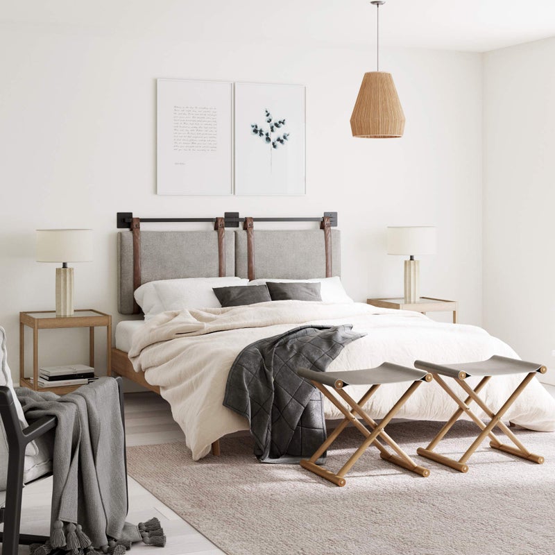 Nathan James Harlow Modern Wall Mount Hanging Headboard, King, Gray with Brown Faux Leather Straps - Image 2