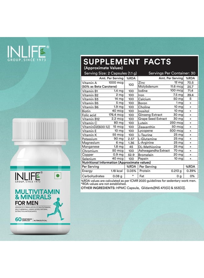 INLIFE متعدد الفيتامينات للرجال مع البيوتين والجينسنغ والأشواغاندا والزنك والمغنيسيوم وفيتامين D3 وB12 والمعادن والأحماض الأمينية ومضادات الأكسدة - 60 كبسولة (عبوة من 1، 60) - Image 2