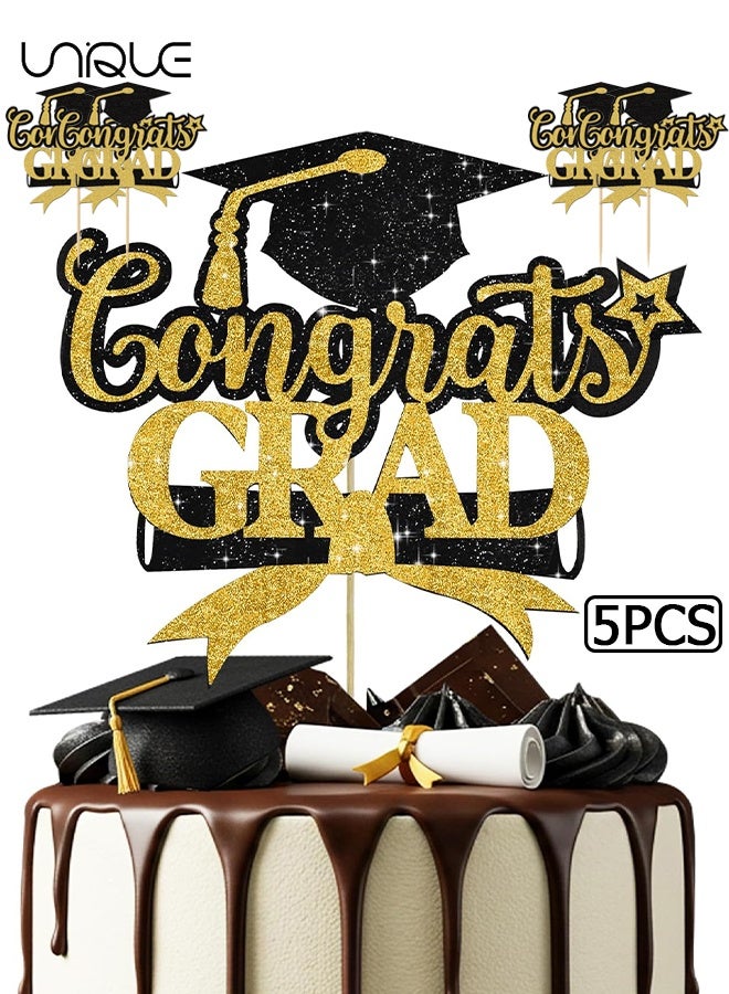 يونيك 5 قطع زينة كعكة تخرج - قبعة التخرج المتلألئة - زينة كعكة بمناسبة التخرج - مستلزمات حفلات بموضوع التخرج - مناسبة لحفلات التخرج في الابتدائية/الإعدادية/الثانوية/الجامعة - أسود وذهبي - Image 1