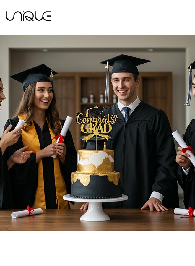 يونيك 5 قطع زينة كعكة تخرج - قبعة التخرج المتلألئة - زينة كعكة بمناسبة التخرج - مستلزمات حفلات بموضوع التخرج - مناسبة لحفلات التخرج في الابتدائية/الإعدادية/الثانوية/الجامعة - أسود وذهبي - Image 4