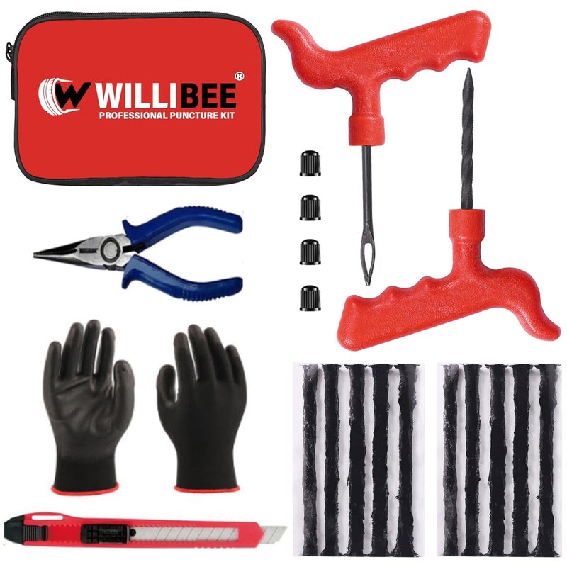 WILLIBEE 8-in-1 Tubeless Tyre Puncture Repair Kit for Car, Bike, Scooter & SUV (with Storage Bag) | Universal Emergency Tyre Fix Tool Set, Flat Tire Puncher Repair Kit - Image 1