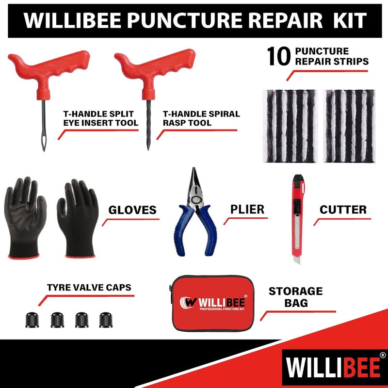 WILLIBEE 8-in-1 Tubeless Tyre Puncture Repair Kit for Car, Bike, Scooter & SUV (with Storage Bag) | Universal Emergency Tyre Fix Tool Set, Flat Tire Puncher Repair Kit - Image 2