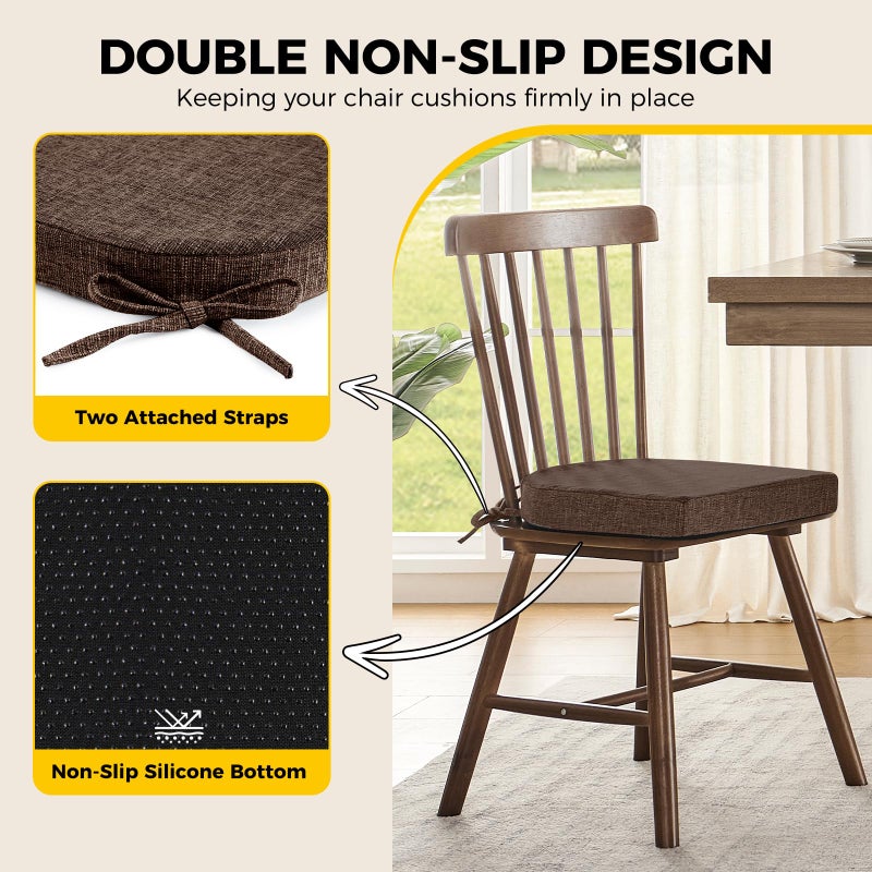 downluxe Indoor Chair Cushions for Dining Chairs, Soft and Comfortable Textured Foam Kitchen Chair Pads with Ties and Non-Slip Backing, 16" x 16" x 2", Brown, 4 Pack - Image 4
