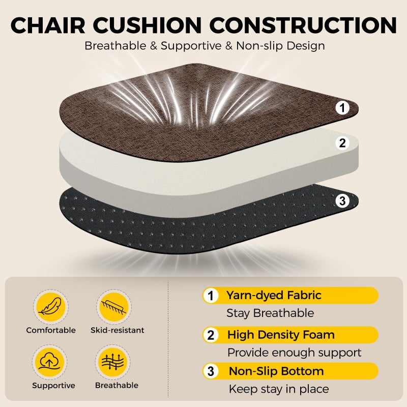 downluxe Indoor Chair Cushions for Dining Chairs, Soft and Comfortable Textured Foam Kitchen Chair Pads with Ties and Non-Slip Backing, 16" x 16" x 2", Brown, 4 Pack - Image 3