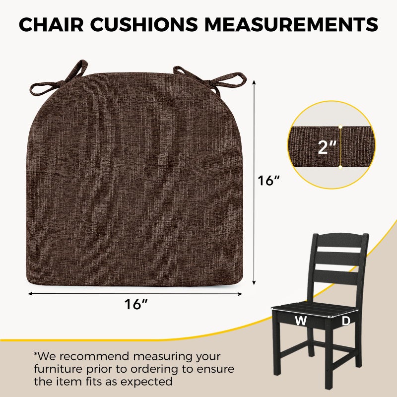 downluxe Indoor Chair Cushions for Dining Chairs, Soft and Comfortable Textured Foam Kitchen Chair Pads with Ties and Non-Slip Backing, 16" x 16" x 2", Brown, 4 Pack - Image 2