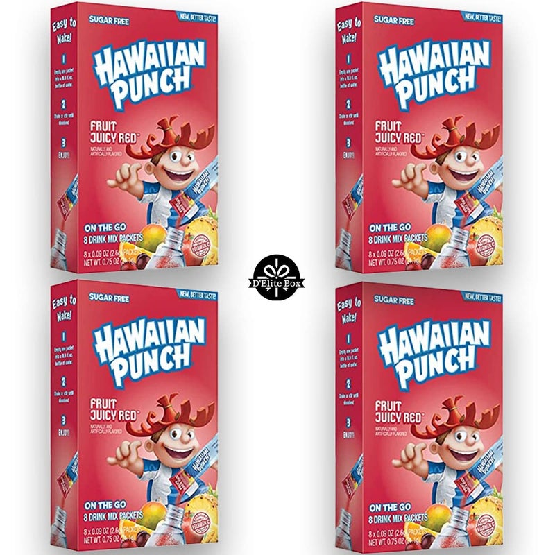 Hawaiian Punch Juicy Red Sugar-Free Powdered Drink Mix 4 Count of 8 packets each for Total of 32 Sticks bundle packaged by D'Elite Box - Image 1